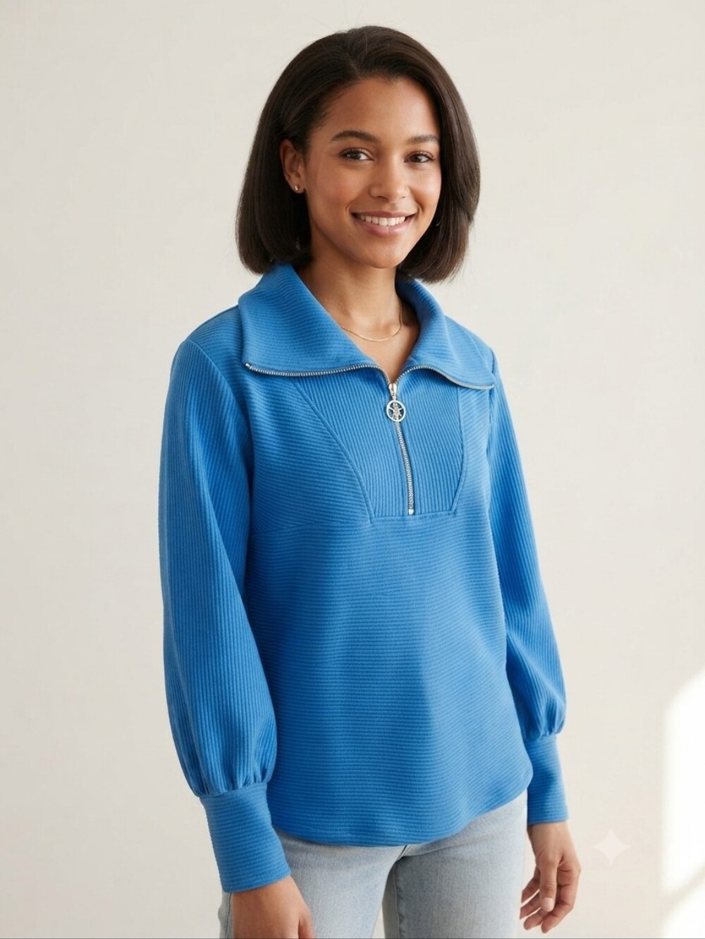 Half-Zip Ribbed V-Neck Sweater in Blue